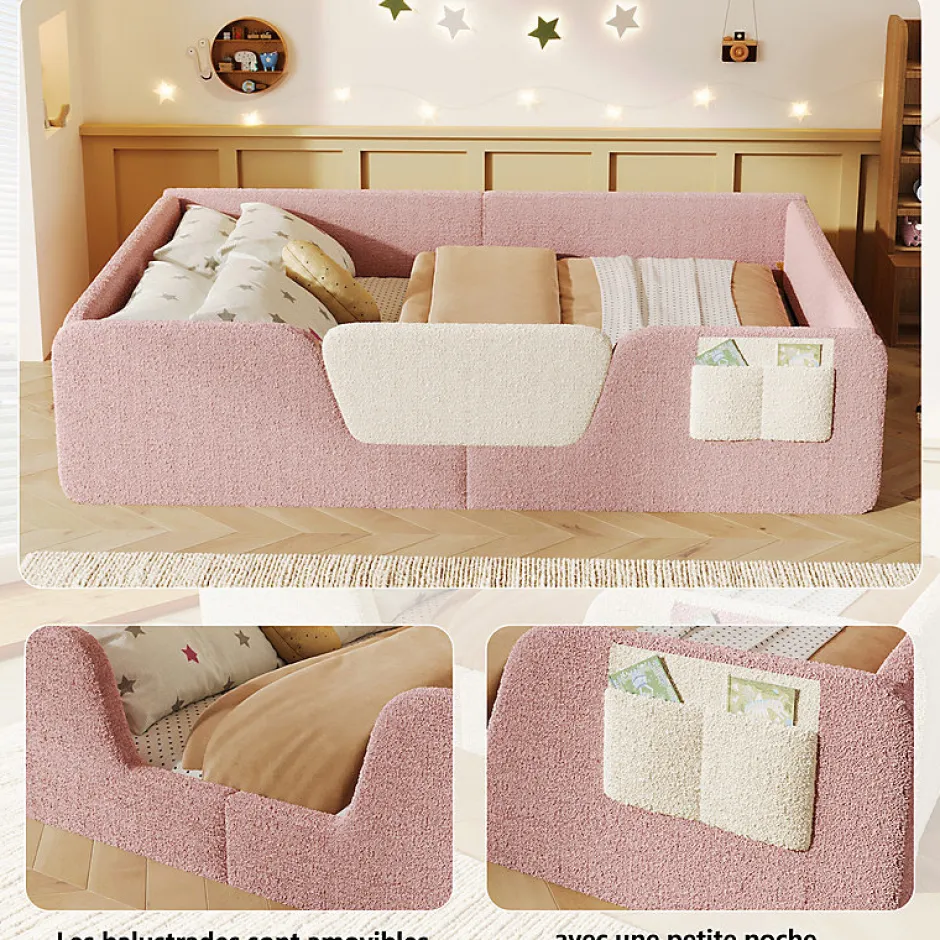 ModernLuxe Lit enfant capitonné 140x190 cm - avec barrières de sécurité amovibles - avec sac de rangement - rose (matelas non inclus) Outlet