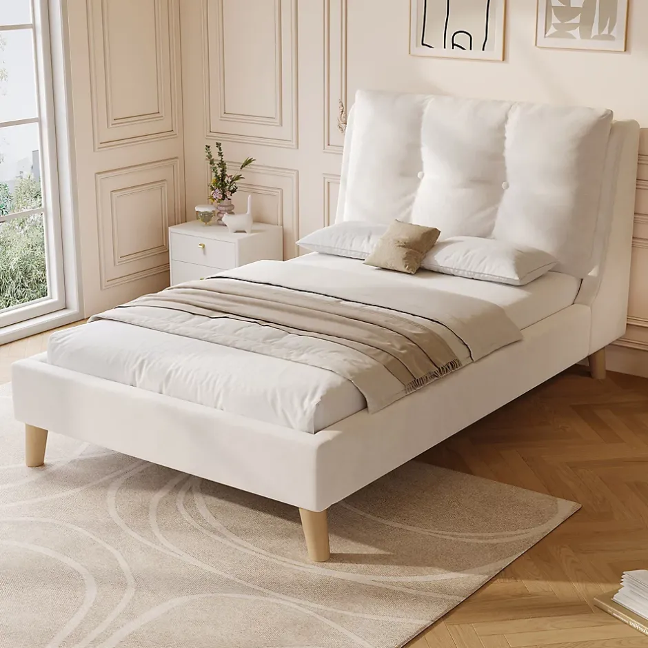 ModernLuxe Lit enfant capitonné 90x200cm - Tête de lit capitonnée - Oreillers réglables - Pieds en bois massif - Velours - Beige Sale