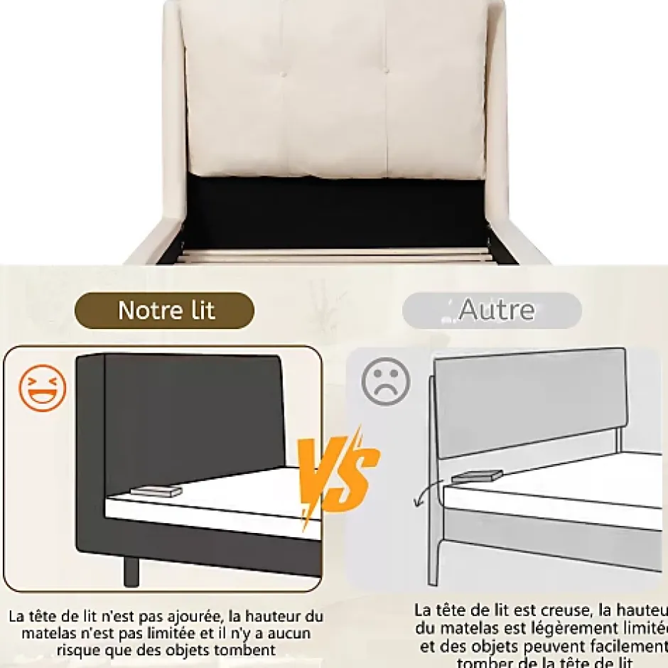 ModernLuxe Lit enfant capitonné 90x200cm - Tête de lit capitonnée - Oreillers réglables - Pieds en bois massif - Velours - Beige Sale