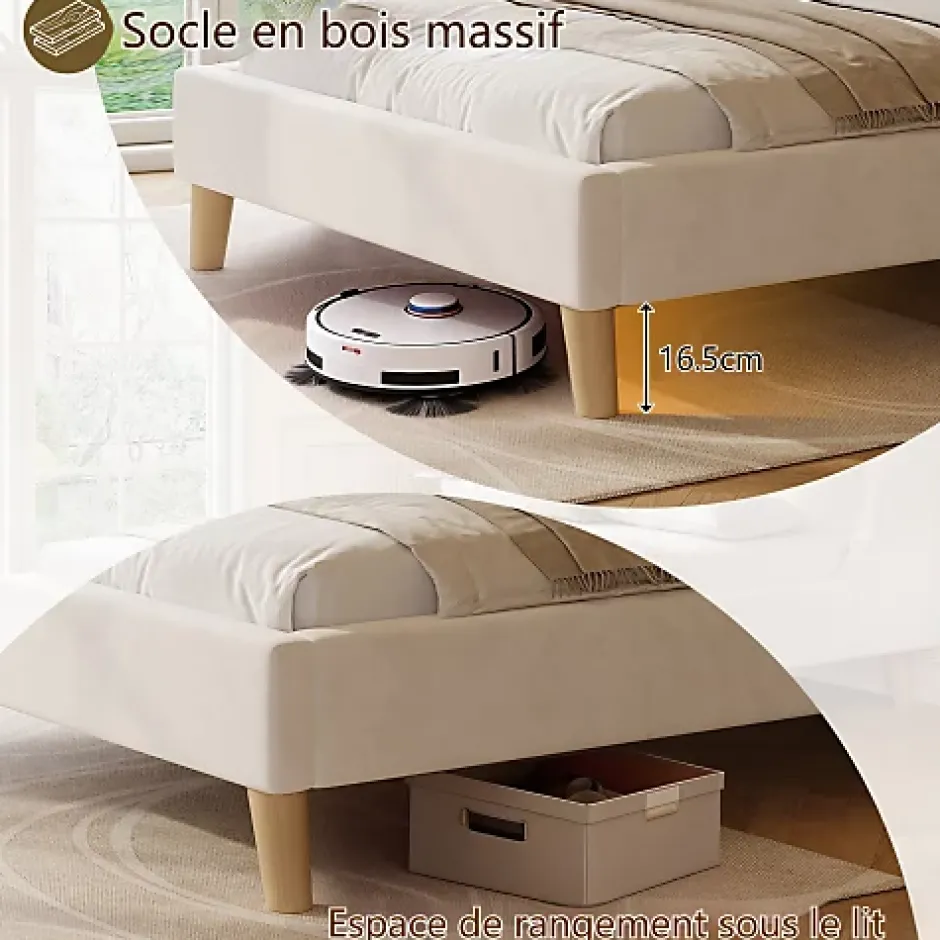 ModernLuxe Lit enfant capitonné 90x200cm - Tête de lit capitonnée - Oreillers réglables - Pieds en bois massif - Velours - Beige Sale