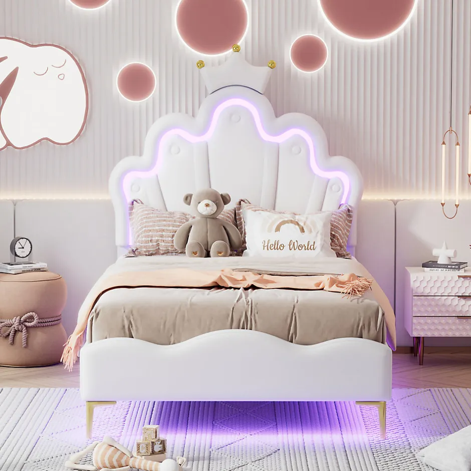 ProximaX Lit enfant capitonné 90x200cm en PU, lit simple avec éclairage LED tête et pied de lit, chargeur EU inclus, Blanc