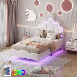 ProximaX Lit enfant capitonné 90x200cm en PU, lit simple avec éclairage LED tête et pied de lit, chargeur EU inclus, Blanc