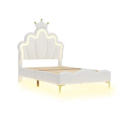 ProximaX Lit enfant capitonné 90x200cm en PU, lit simple avec éclairage LED tête et pied de lit, chargeur EU inclus, Blanc