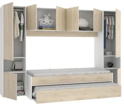 Pegane Lit enfant gigogne 90 x 190 cm coloris blanc /chêne + armoire - Longueur 302 x Hauteur 203 x Profondeur 97 cm