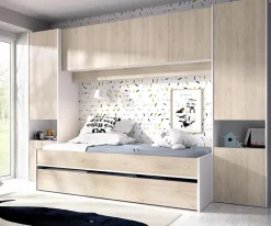Pegane Lit enfant gigogne 90 x 190 cm coloris blanc /chêne + armoire - Longueur 302 x Hauteur 203 x Profondeur 97 cm