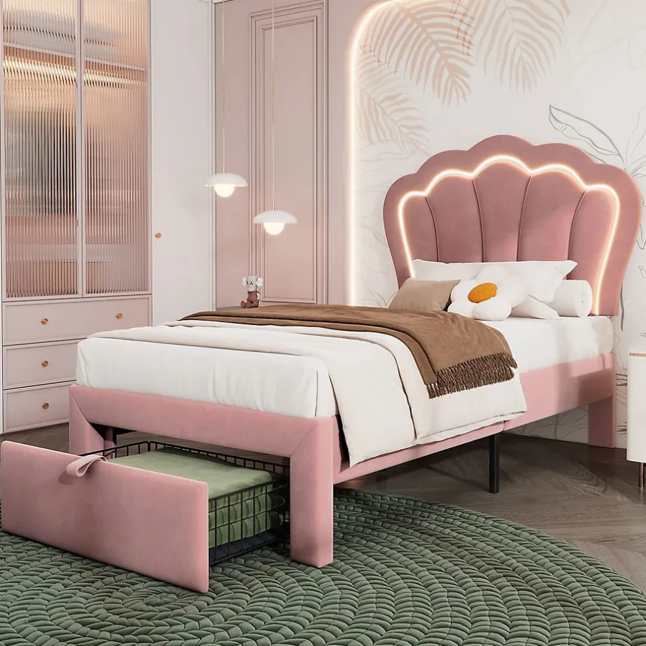 Blackcolors Lit enfant LED 90X200cm Tiroirs Contrôle par application mobile Rose Hot