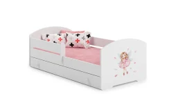 Htmeubles Lit enfant LOU avec tiroir balustrade et matelas inclus - Fée rose - 160 cm x 80 cm
