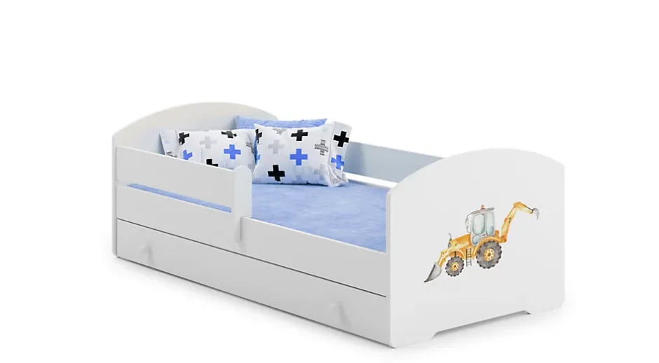 Htmeubles Lit enfant LOU avec tiroir balustrade et matelas inclus - Pelleteuse - 160 cm x 80 cm Discount
