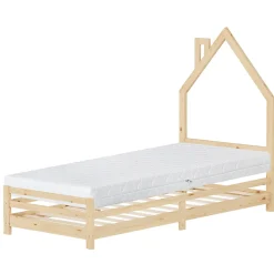 Enfant Ml-Design Lit enfant 90x200cm avec matelas H16cm naturel en bois forme de maison et sommier à lattes