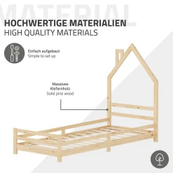 Enfant Ml-Design Lit enfant 90x200cm avec matelas H16cm naturel en bois forme de maison et sommier à lattes