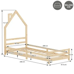 Enfant Ml-Design Lit enfant 90x200cm avec matelas H16cm naturel en bois forme de maison et sommier à lattes