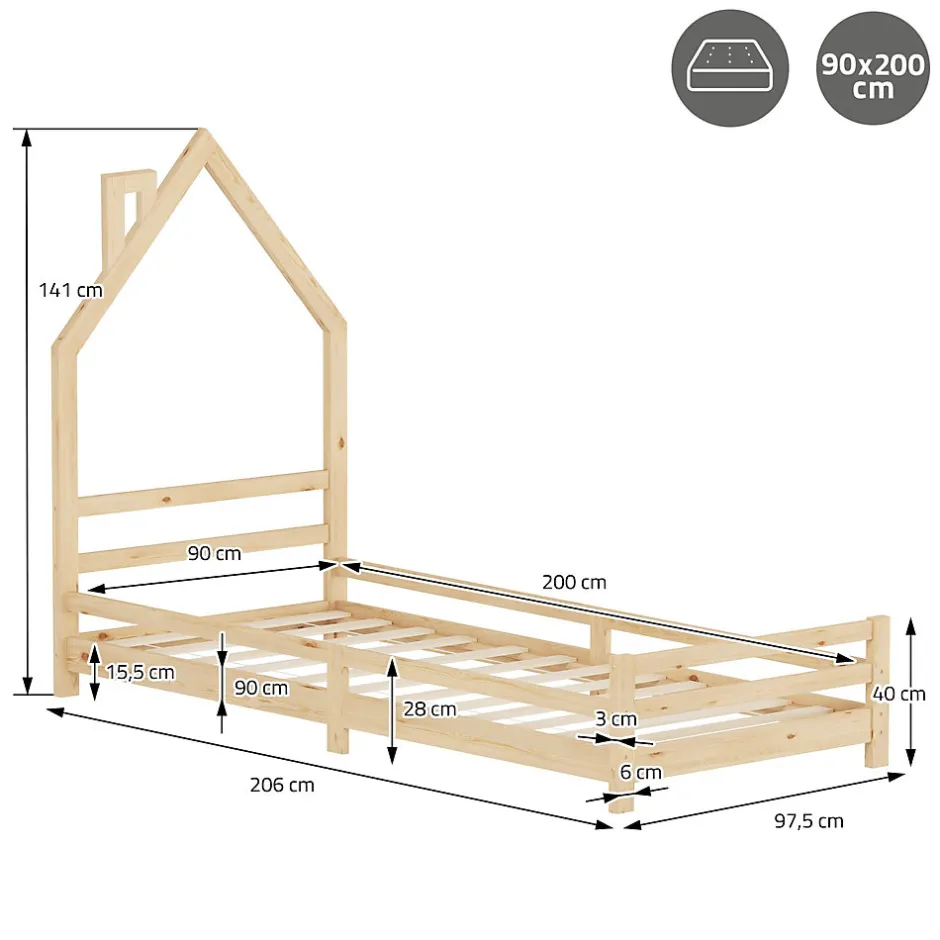 Enfant Ml-Design Lit enfant 90x200cm avec matelas H16cm naturel en bois forme de maison et sommier à lattes