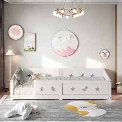 Enfant ProximaX Lit enfant Montessori 90x200 cm en pin massif, barrières étoiles et lune, peinture à l eau sûre, design sécurisé, Blanc