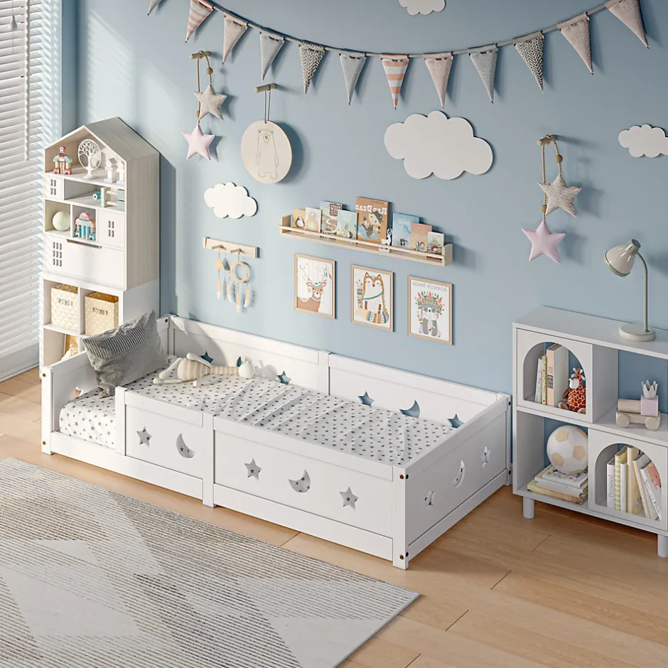 Enfant ProximaX Lit enfant Montessori 90x200 cm en pin massif, barrières étoiles et lune, peinture à l eau sûre, design sécurisé, Blanc