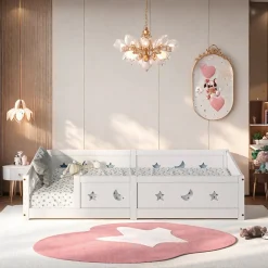 Enfant ProximaX Lit enfant Montessori 90x200 cm en pin massif, barrières étoiles et lune, peinture à l eau sûre, design sécurisé, Blanc