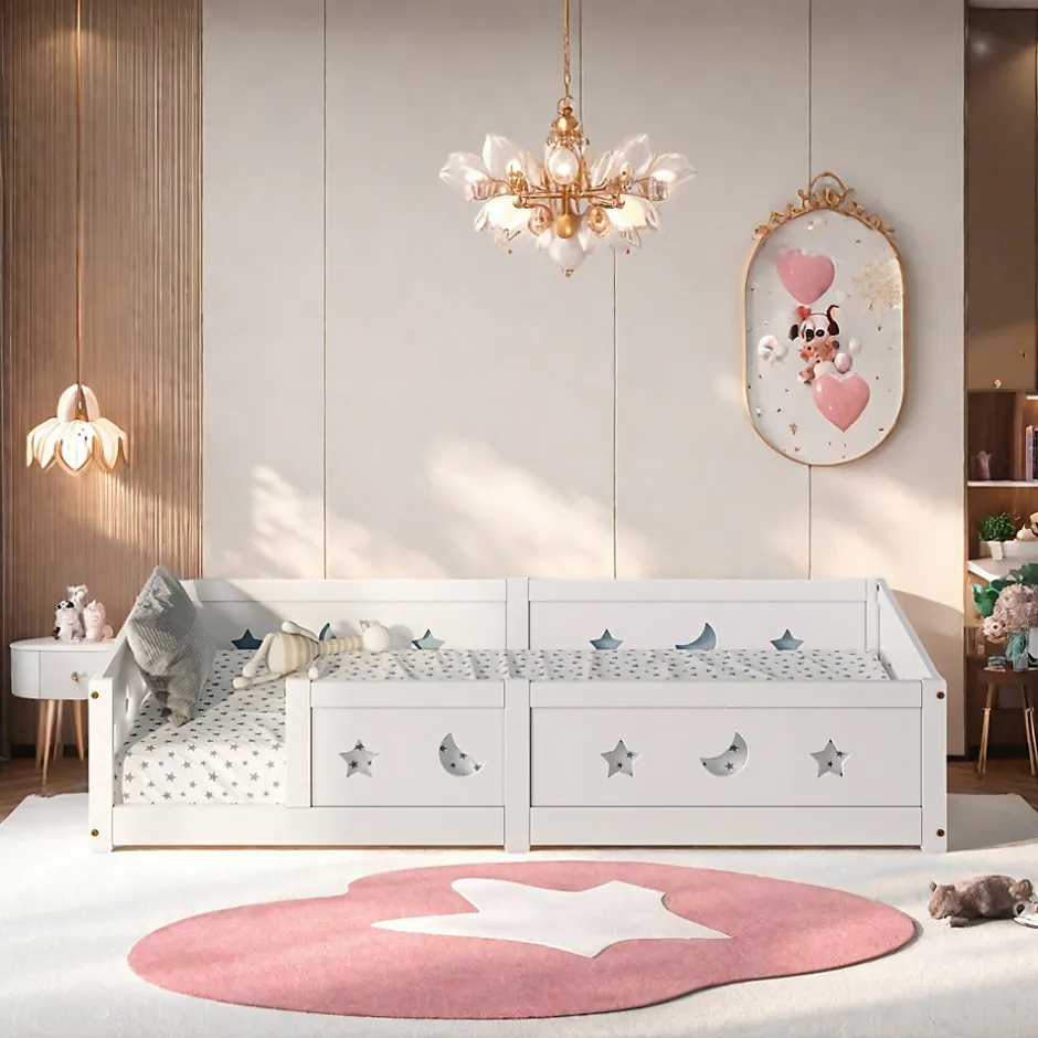Enfant ProximaX Lit enfant Montessori 90x200 cm en pin massif, barrières étoiles et lune, peinture à l eau sûre, design sécurisé, Blanc