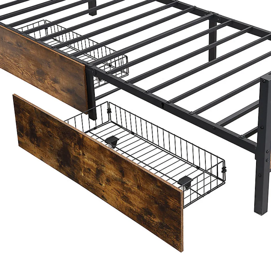 Simple Life Lit enfant métal et MDF 90x200cm noir et noyer, style vintage, avec 2 tiroirs sur roulettes