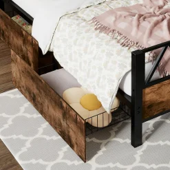 Simple Life Lit enfant métal et MDF 90x200cm noir et noyer, style vintage, avec 2 tiroirs sur roulettes