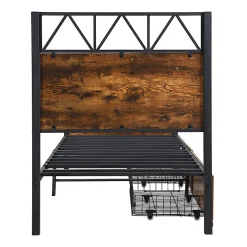 Simple Life Lit enfant métal et MDF 90x200cm noir et noyer, style vintage, avec 2 tiroirs sur roulettes