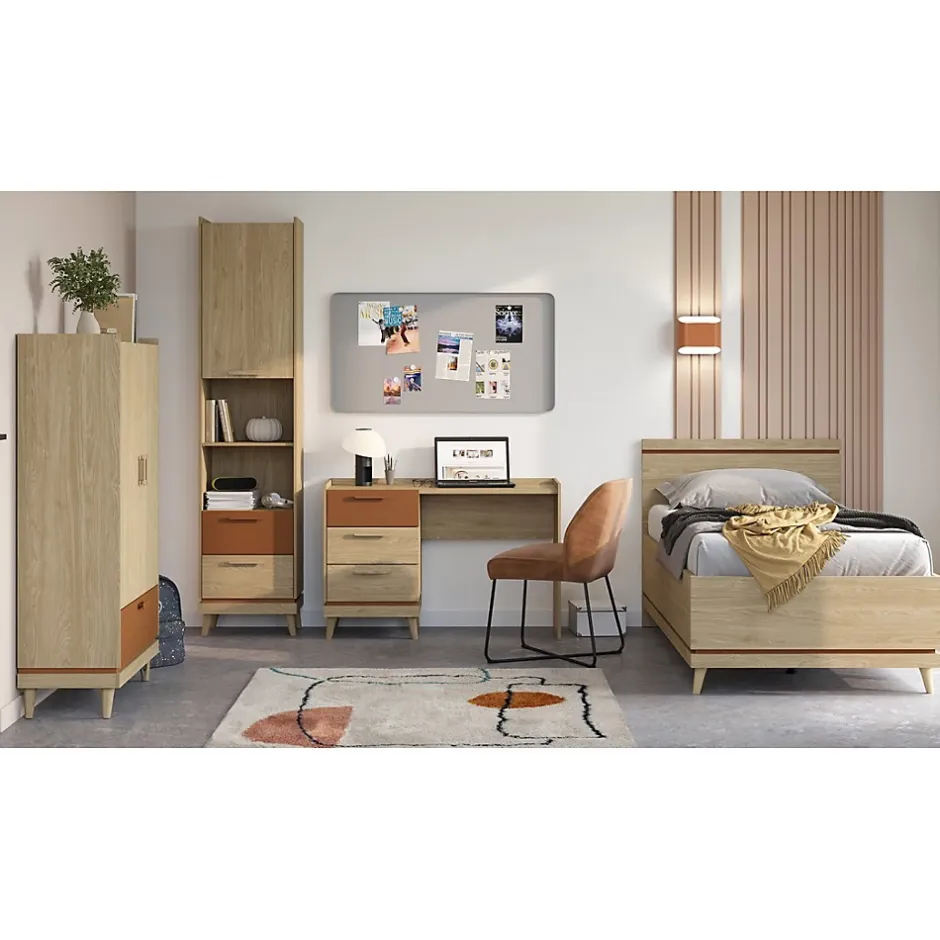 Meublorama Lit enfant NOKI 100x200 cm chene clair et moka Style scandinave sans sommier Discount