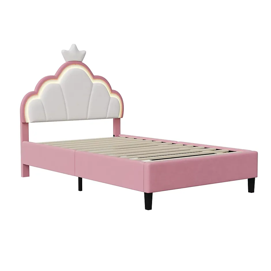 Fortuna lai Lit Enfant Rembourré 90 X 200 Cm, LED, Tête De Lit Et Sommier à Lattes Réglables En Hauteur, Rose New