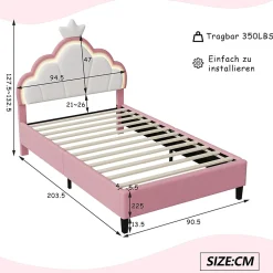 Fortuna lai Lit Enfant Rembourré 90 X 200 Cm, LED, Tête De Lit Et Sommier à Lattes Réglables En Hauteur, Rose New