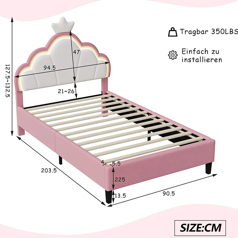 Fortuna lai Lit Enfant Rembourré 90 X 200 Cm, LED, Tête De Lit Et Sommier à Lattes Réglables En Hauteur, Rose New
