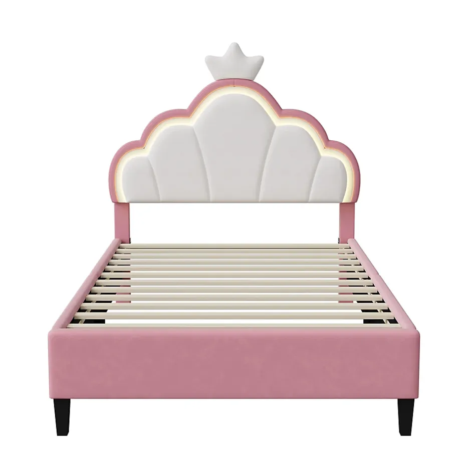 Fortuna lai Lit Enfant Rembourré 90 X 200 Cm, LED, Tête De Lit Et Sommier à Lattes Réglables En Hauteur, Rose New
