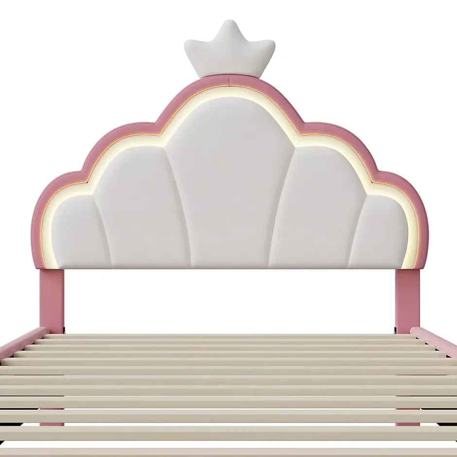 Fortuna lai Lit Enfant Rembourré 90 X 200 Cm, LED, Tête De Lit Et Sommier à Lattes Réglables En Hauteur, Rose New