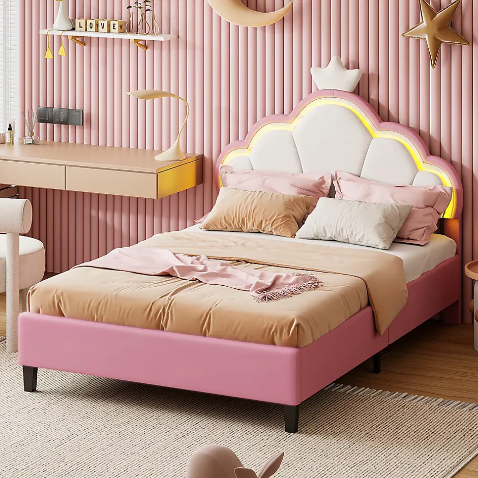 Fortuna lai Lit Enfant Rembourré 90 X 200 Cm, LED, Tête De Lit Et Sommier à Lattes Réglables En Hauteur, Rose New
