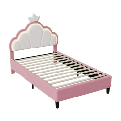 Fortuna lai Lit Enfant Rembourré 90 X 200 Cm, LED, Tête De Lit Et Sommier à Lattes Réglables En Hauteur, Rose New