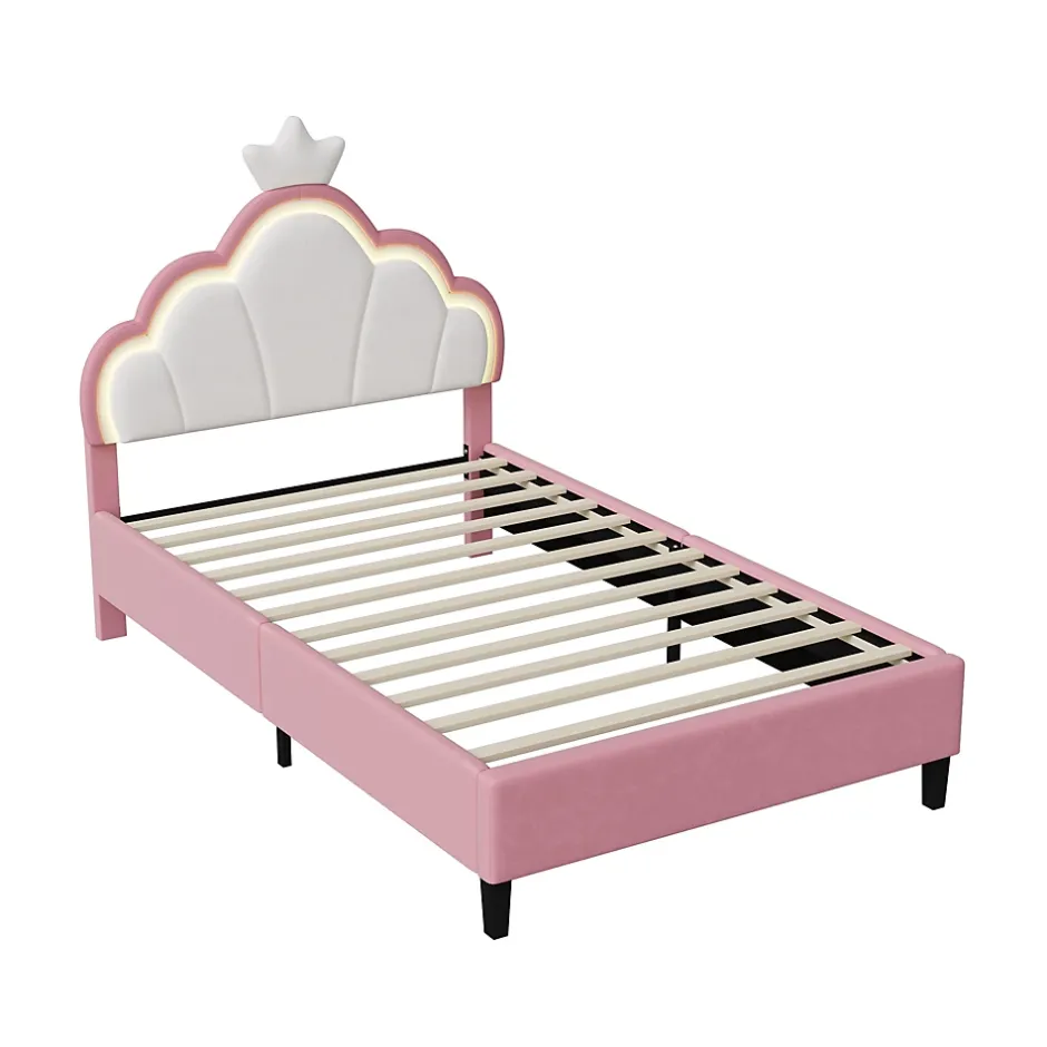 Fortuna lai Lit Enfant Rembourré 90 X 200 Cm, LED, Tête De Lit Et Sommier à Lattes Réglables En Hauteur, Rose New