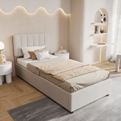 ProximaX Lit enfant rembourré 90x200 cm, lit coffre hydraulique, lit haut coffre en lin doux pour la peau, beige Best