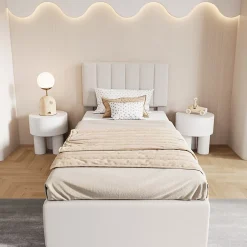 ProximaX Lit enfant rembourré 90x200 cm, lit coffre hydraulique, lit haut coffre en lin doux pour la peau, beige Best