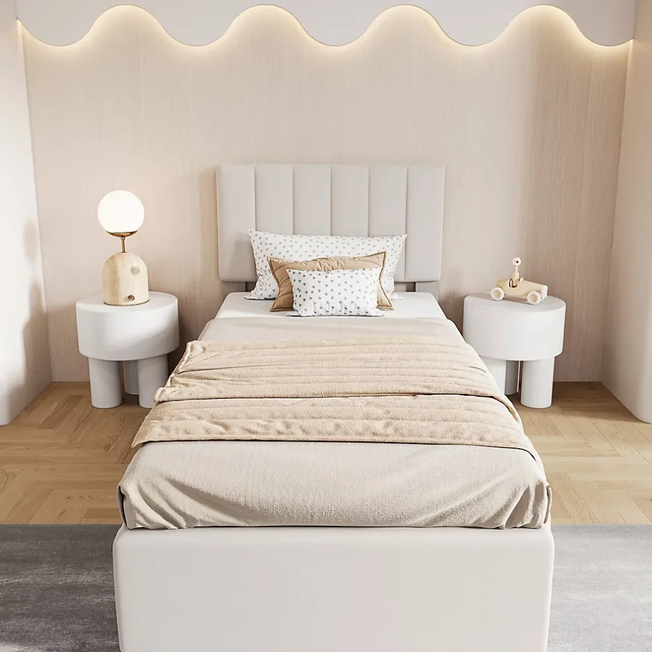 ProximaX Lit enfant rembourré 90x200 cm, lit coffre hydraulique, lit haut coffre en lin doux pour la peau, beige Best