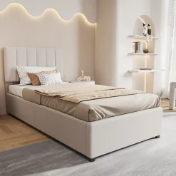 ProximaX Lit enfant rembourré 90x200 cm, lit coffre hydraulique, lit haut coffre en lin doux pour la peau, beige Best