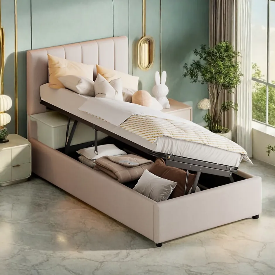 ProximaX Lit enfant rembourré 90x200 cm, lit coffre hydraulique, lit haut coffre en lin doux pour la peau, beige Best