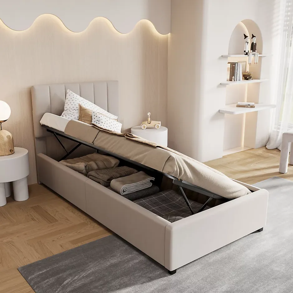 ProximaX Lit enfant rembourré 90x200 cm, lit coffre hydraulique, lit haut coffre en lin doux pour la peau, beige Best