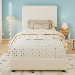 Enfant ModernLuxe Lit enfant rembourré 90x200 cm - tête de lit en forme de biscuit - avec sommier à lattes - PU+contreplaqué - Beige(sans matelas)