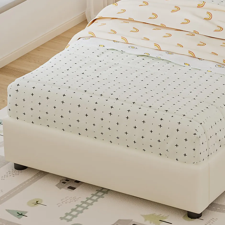 Enfant ModernLuxe Lit enfant rembourré 90x200 cm - tête de lit en forme de biscuit - avec sommier à lattes - PU+contreplaqué - Beige(sans matelas)