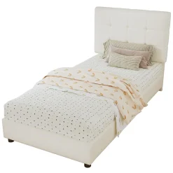 Enfant ModernLuxe Lit enfant rembourré 90x200 cm - tête de lit en forme de biscuit - avec sommier à lattes - PU+contreplaqué - Beige(sans matelas)