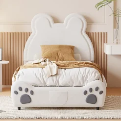 Fortuna lai Lit Enfant Rembourré 90x200 Cm, Avec Tête De Lit En Forme D'ours En Velours Doux Pour La Peau, Blanc Online