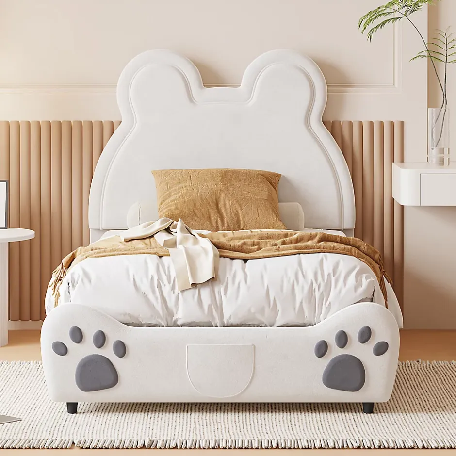 Fortuna lai Lit Enfant Rembourré 90x200 Cm, Avec Tête De Lit En Forme D'ours En Velours Doux Pour La Peau, Blanc Online