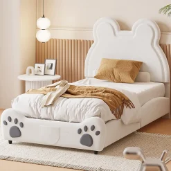Fortuna lai Lit Enfant Rembourré 90x200 Cm, Avec Tête De Lit En Forme D'ours En Velours Doux Pour La Peau, Blanc Online