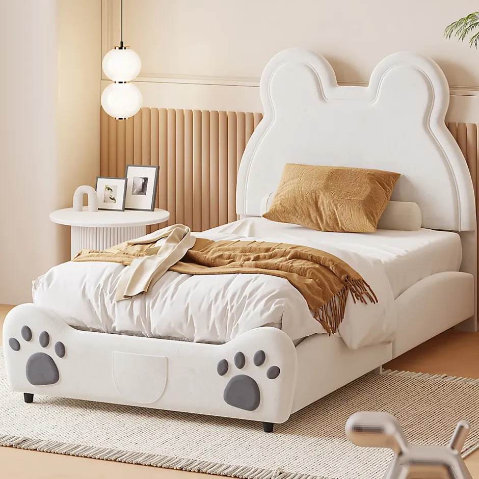 Fortuna lai Lit Enfant Rembourré 90x200 Cm, Avec Tête De Lit En Forme D'ours En Velours Doux Pour La Peau, Blanc Online