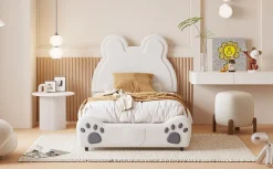 Fortuna lai Lit Enfant Rembourré 90x200 Cm, Avec Tête De Lit En Forme D'ours En Velours Doux Pour La Peau, Blanc Online