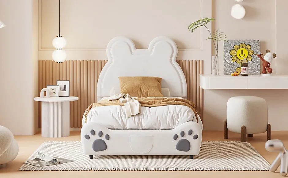 Fortuna lai Lit Enfant Rembourré 90x200 Cm, Avec Tête De Lit En Forme D'ours En Velours Doux Pour La Peau, Blanc Online