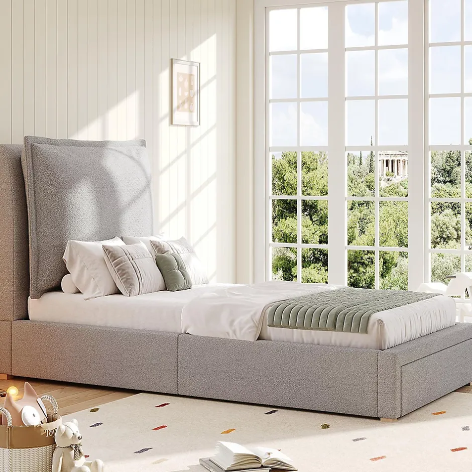 Blackcolors Lit enfant rembourré 90x200 cm, lattes, tête chenille, rangement - gris Sale