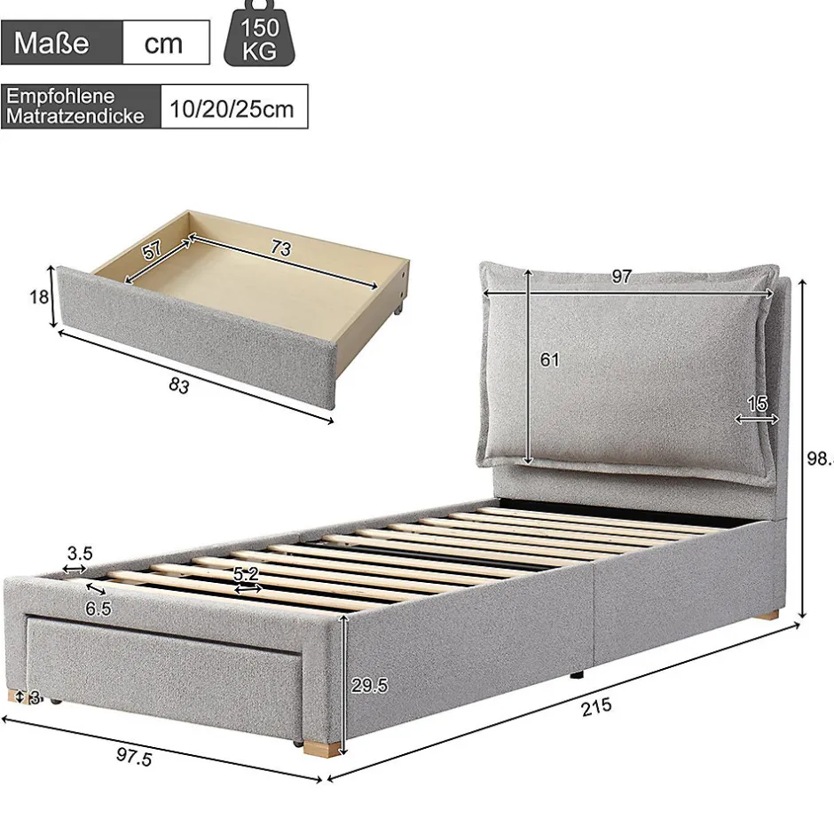Blackcolors Lit enfant rembourré 90x200 cm, lattes, tête chenille, rangement - gris Sale
