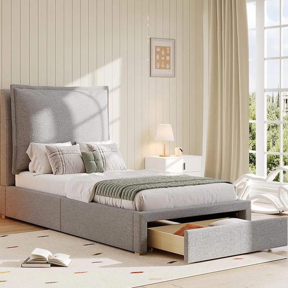Blackcolors Lit enfant rembourré 90x200 cm, lattes, tête chenille, rangement - gris Sale